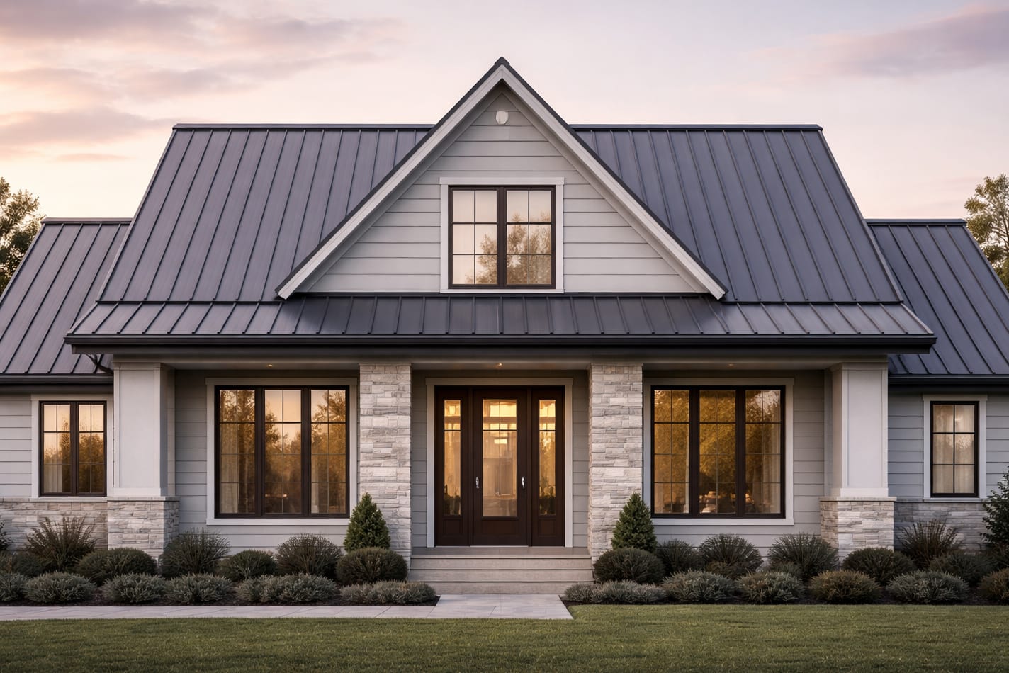Standing-seam metal roof on a home at dusk